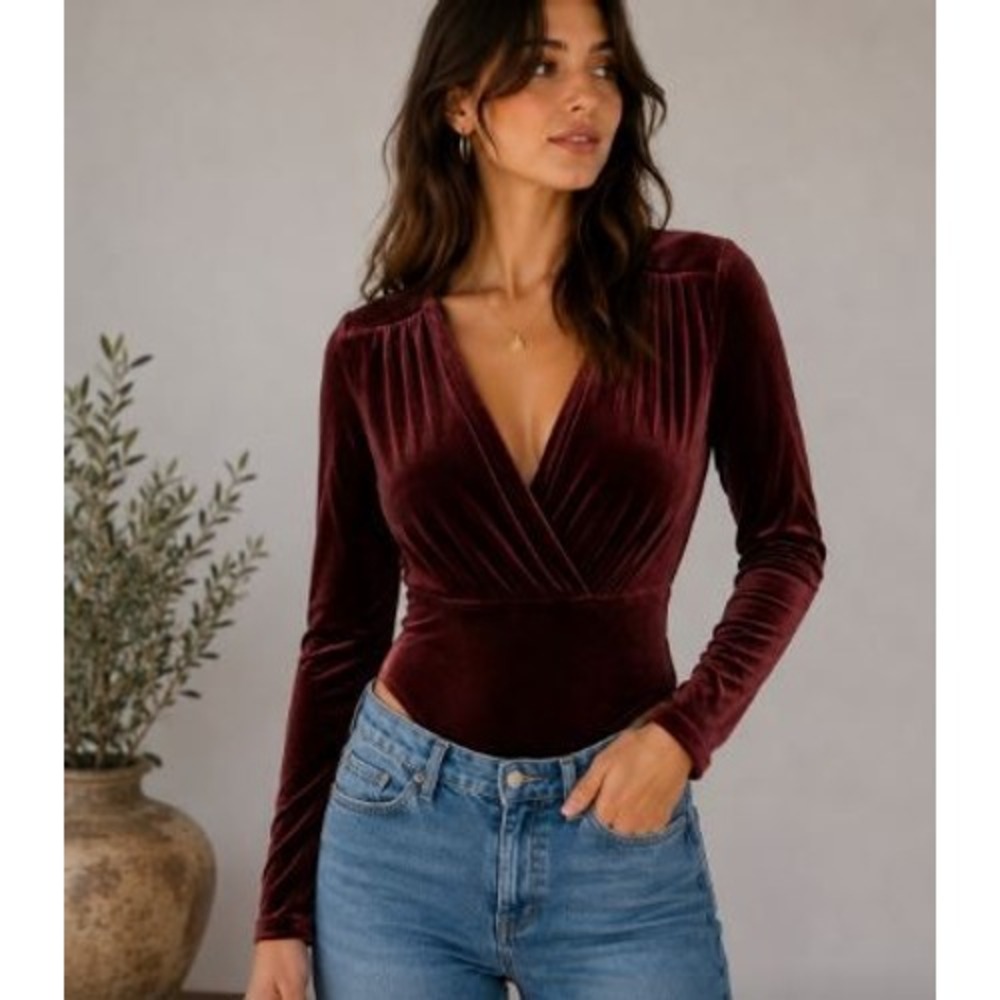Express Velvet Bodysuit Small Surplice Whimsigoth Festive Chic Dark Red Party